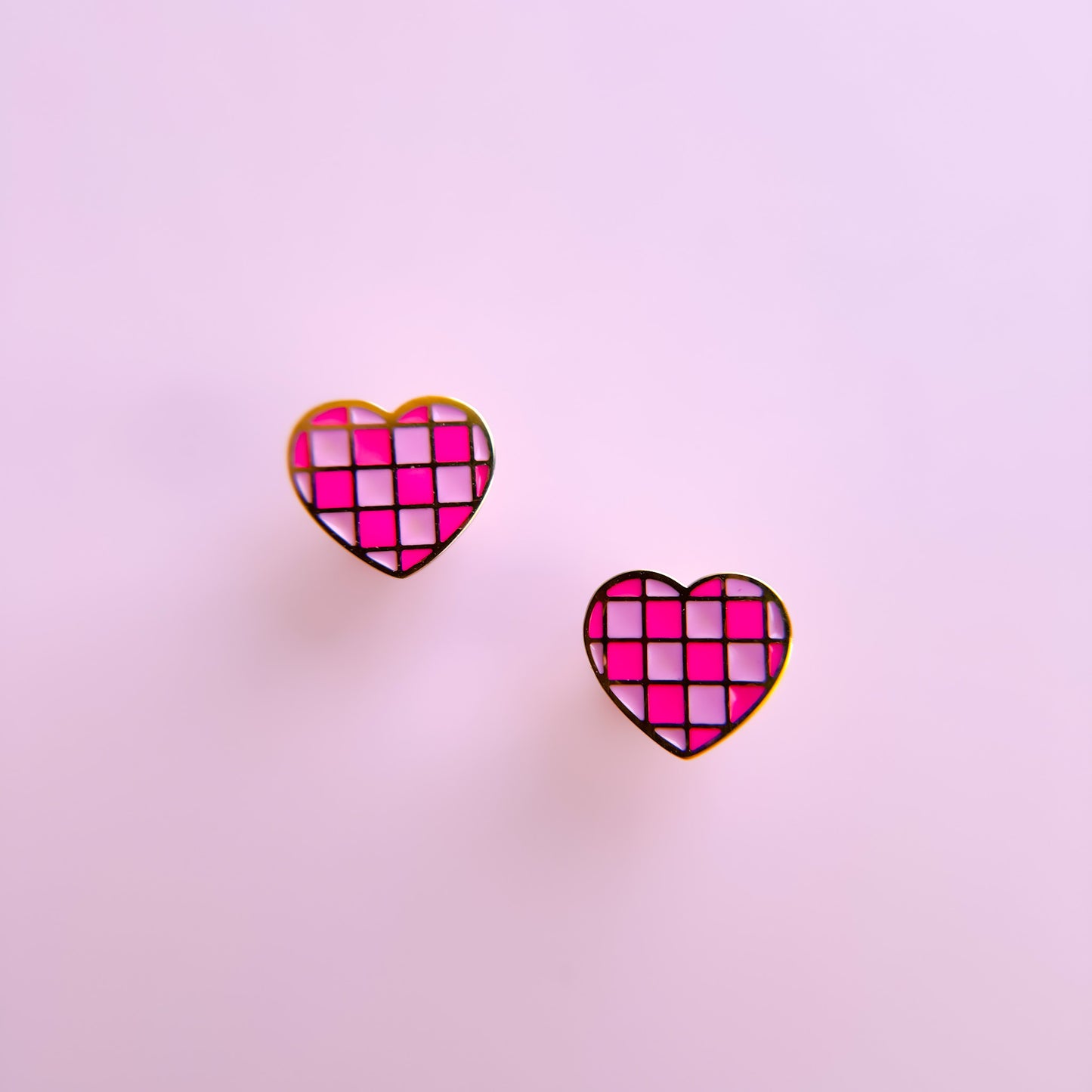 Pink Checkered Heart Stud Earrings