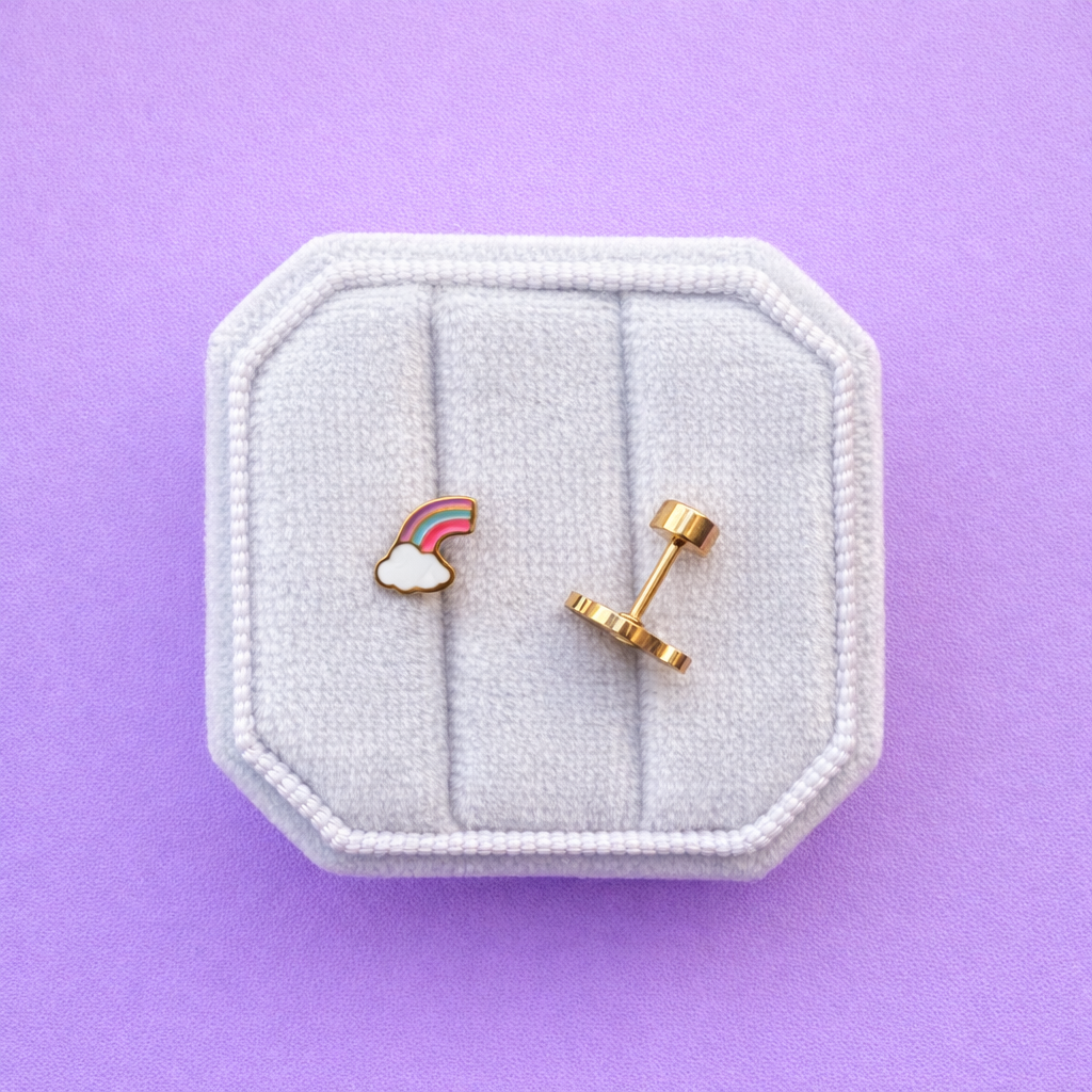 Cloudy rainbow stud earrings close-up