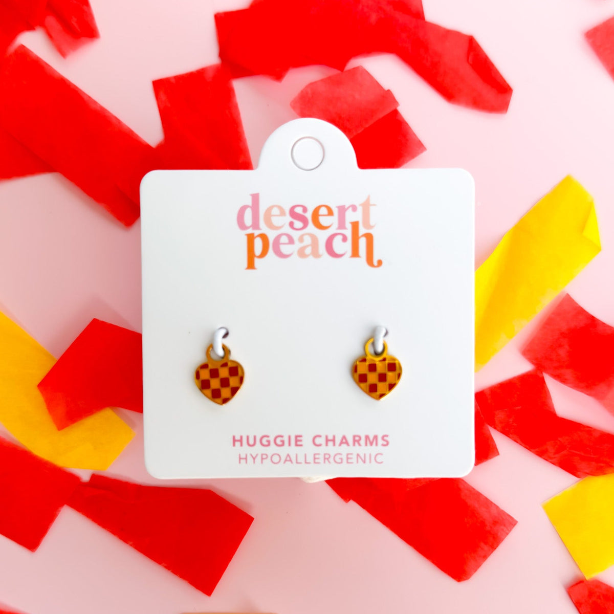 Red and yellow checkered heart huggie charms
