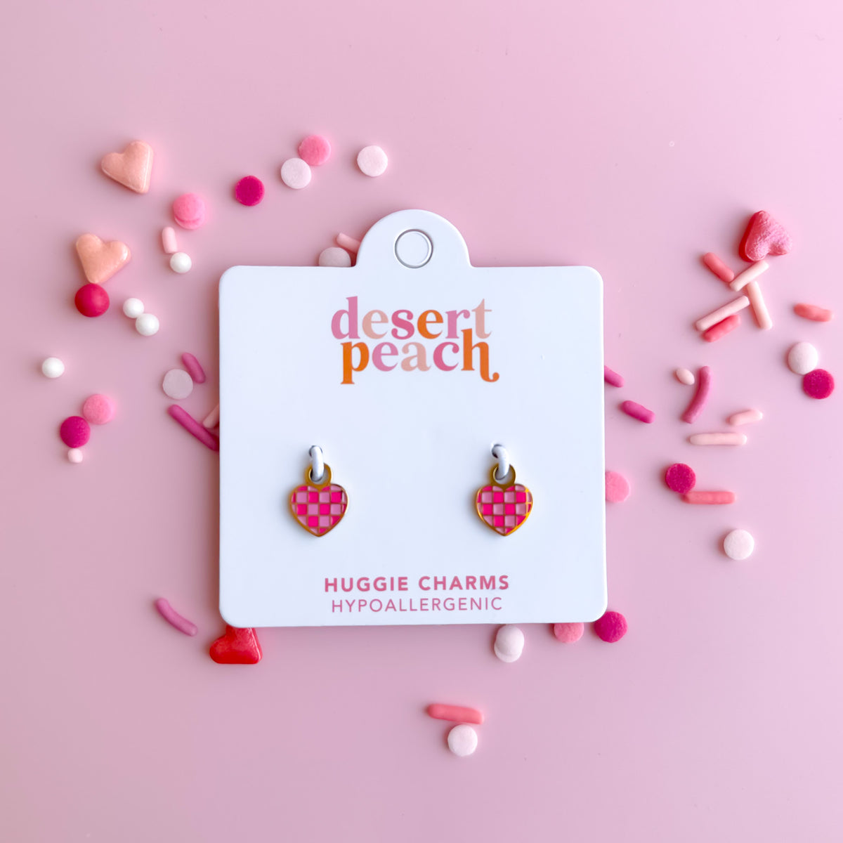 Pink checkered heart huggie charms