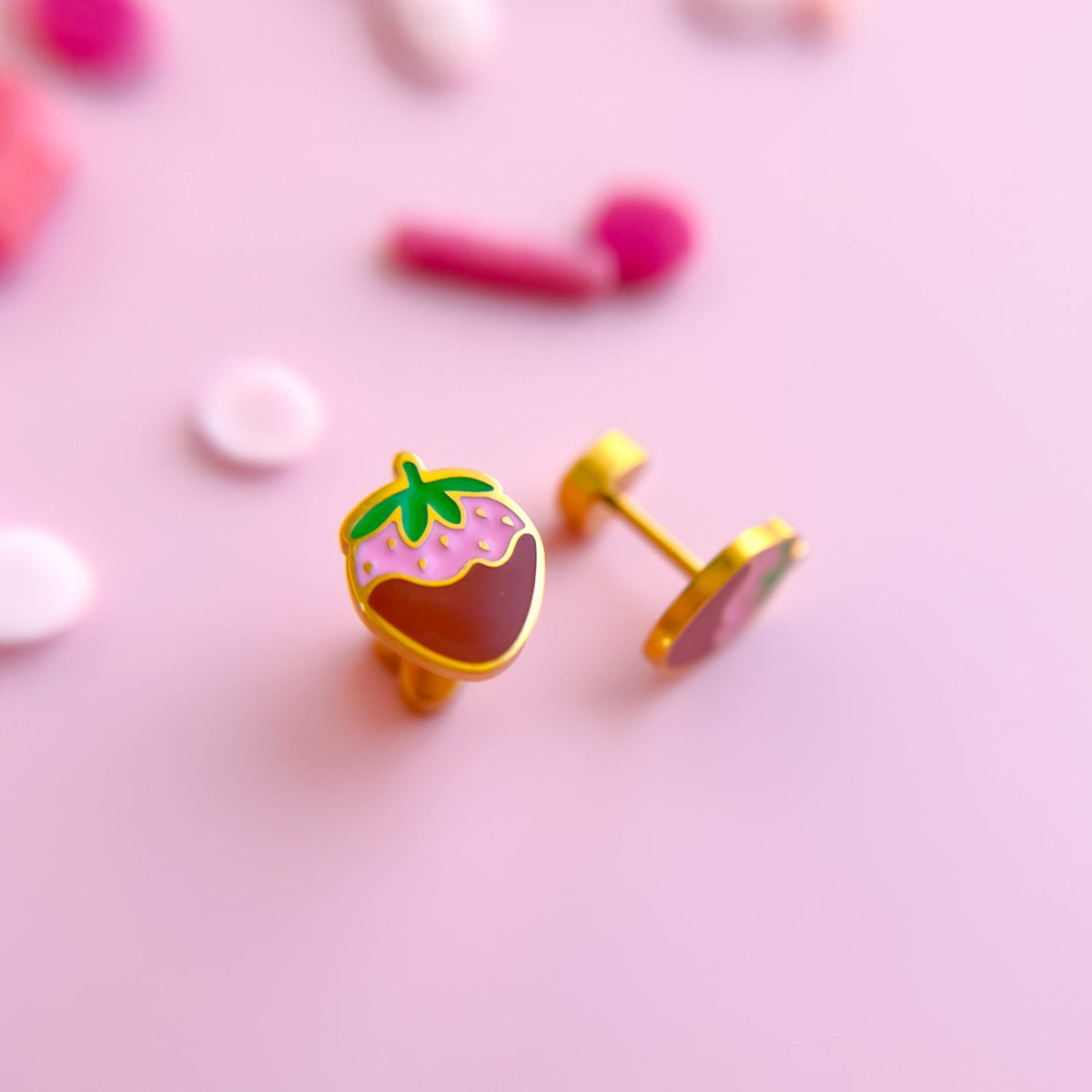 Pair of chocolate covered strawberry stud earrings