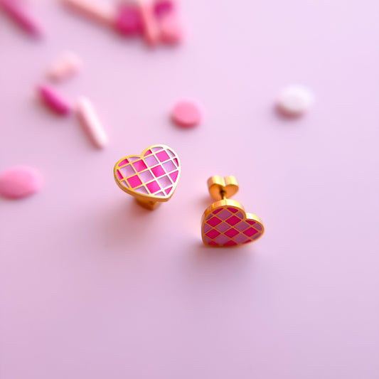 Pink Checkered Heart Stud Earrings