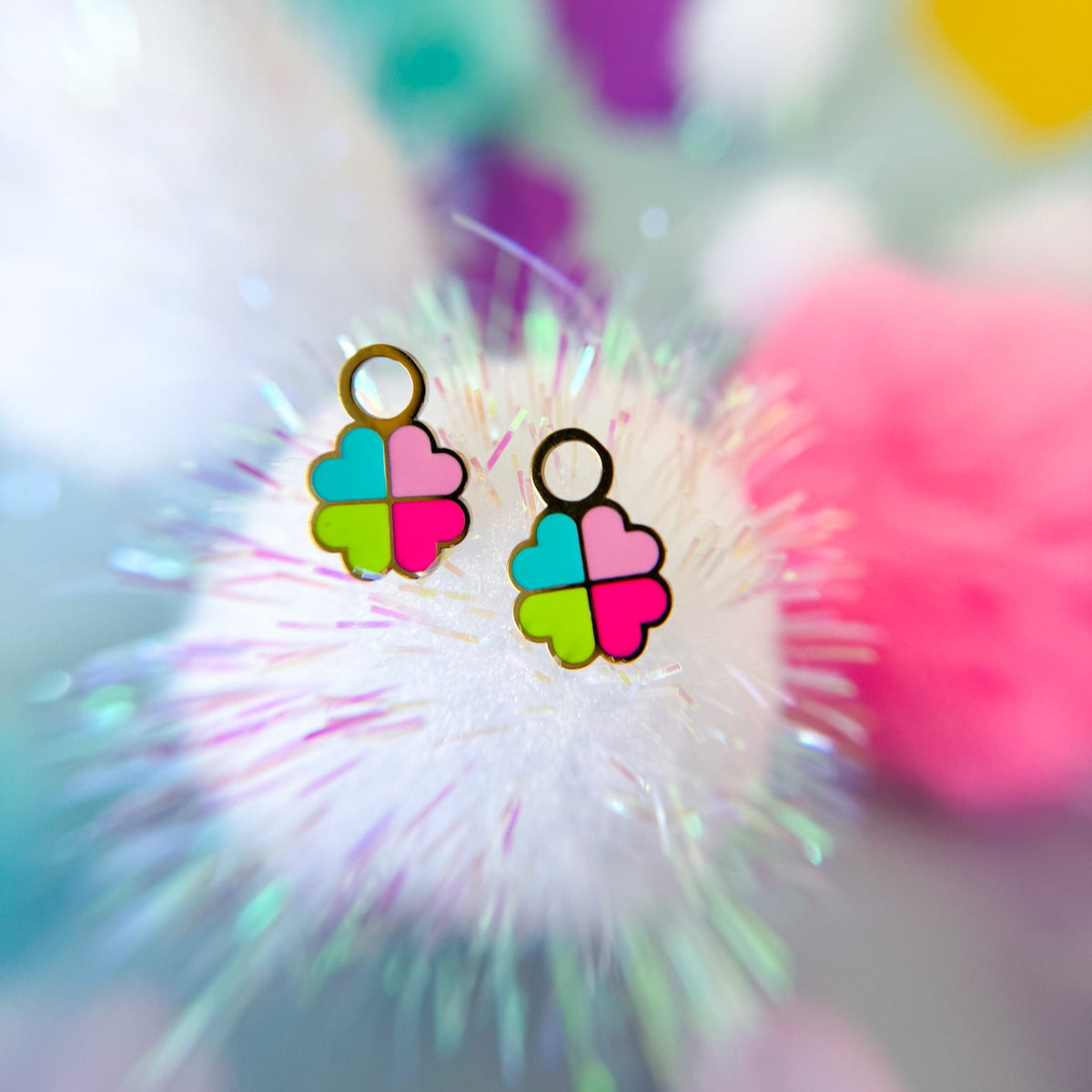 Lucky clover huggie charms on huggie hoops