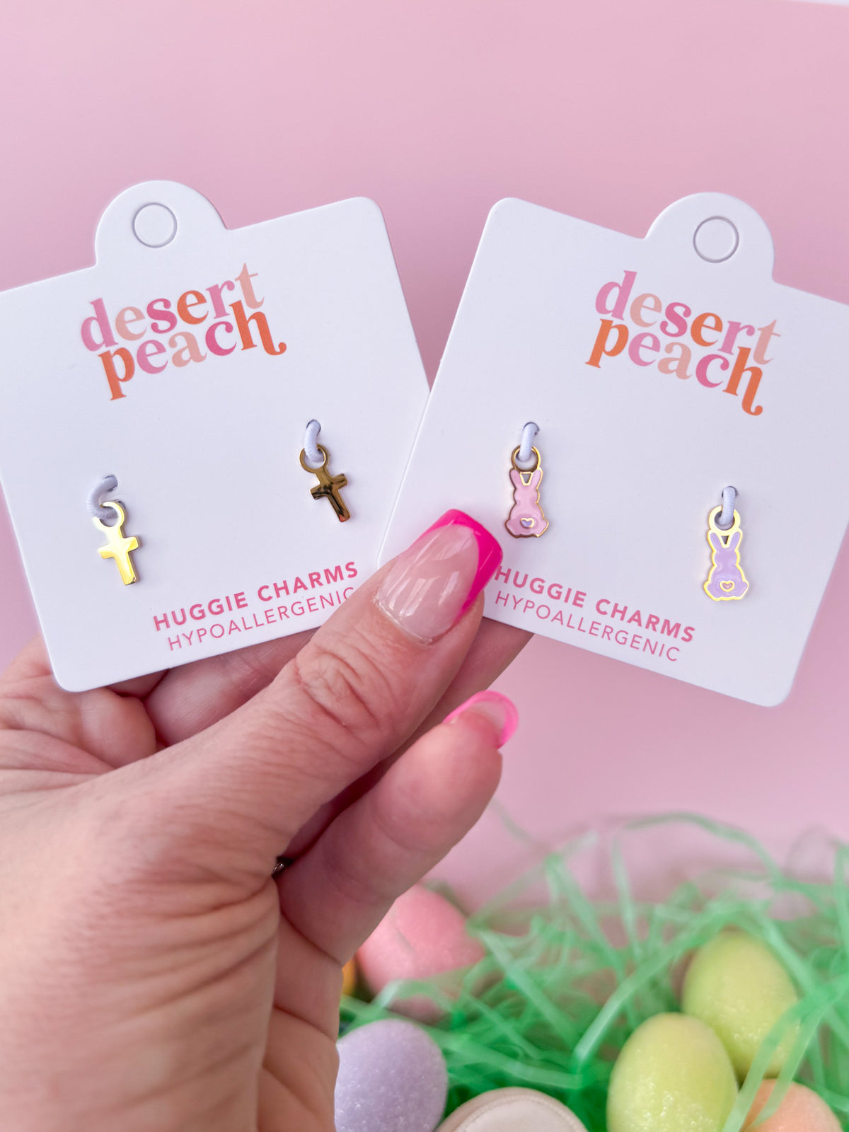 Cross huggie charms with Easter bunny decor