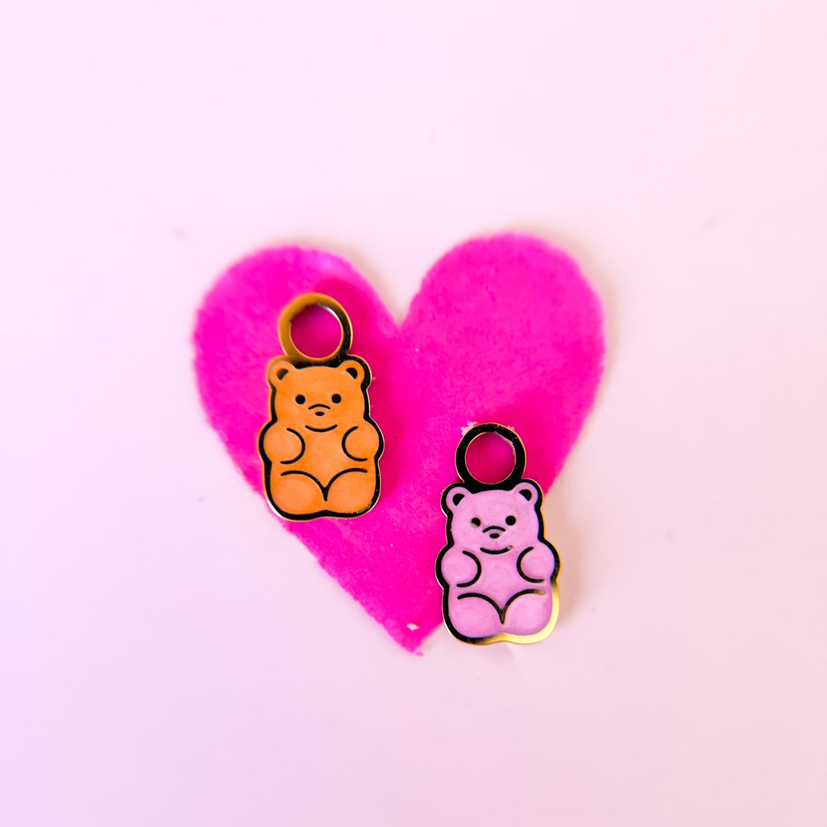 Gummy bear huggie charms on huggie hoops