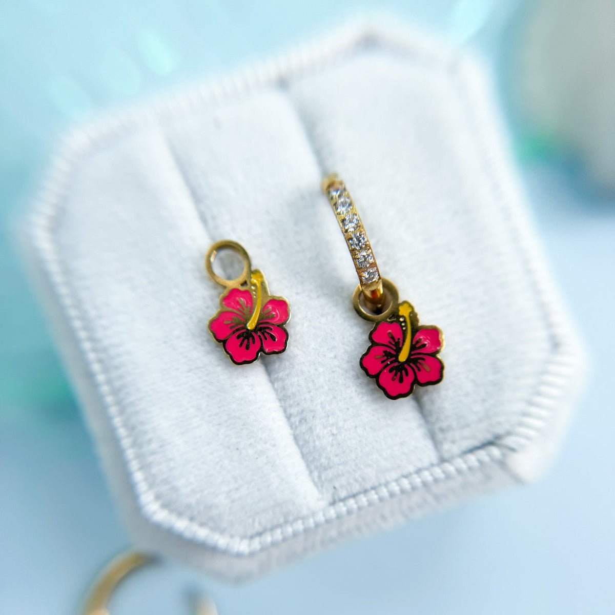 Hibiscus huggie charms on huggie hoops