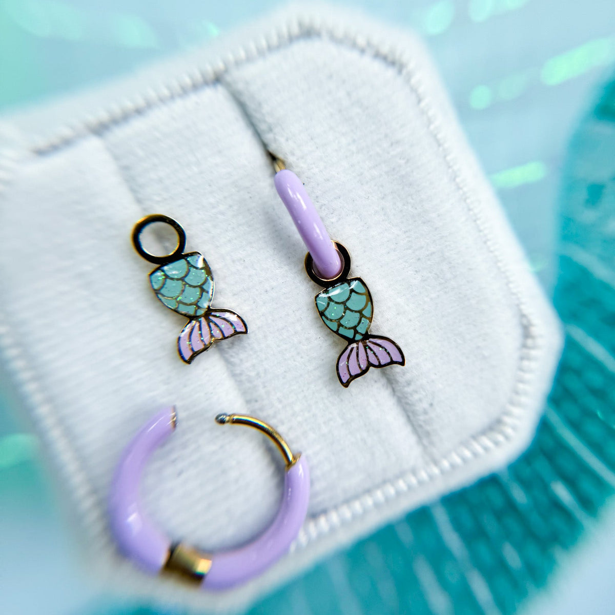 Mermaid tail huggie charms on huggie hoops