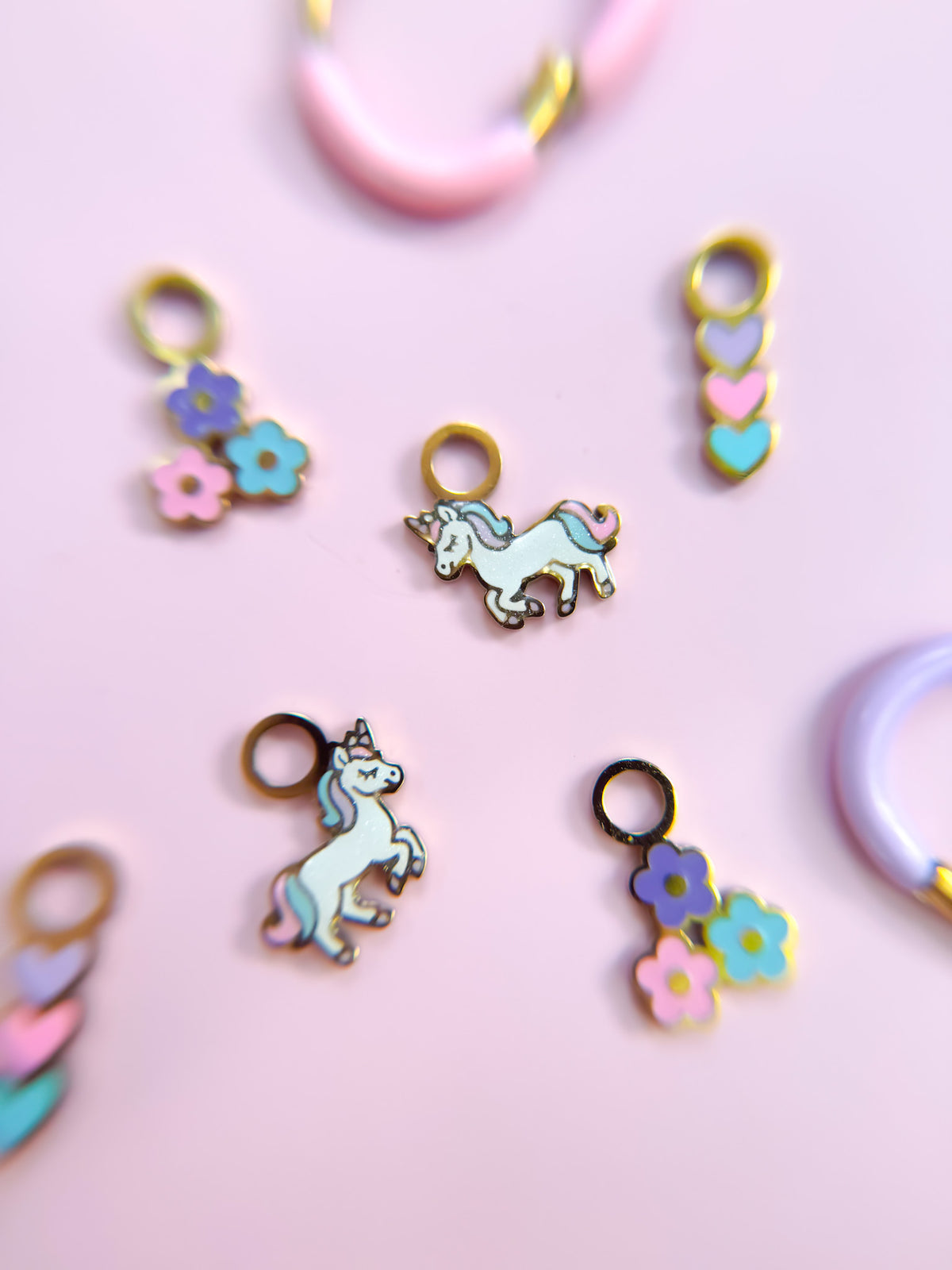 Rainbow unicorn, flower and heart huggie charms set