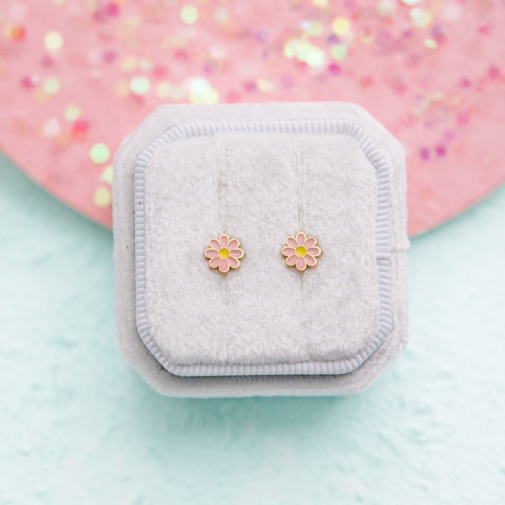 Pair of pink enamel daisy stud earrings in gold-tone hypoallergenic stainless steel