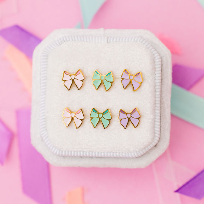 Bow stud earrings set in pink, mint and lavender