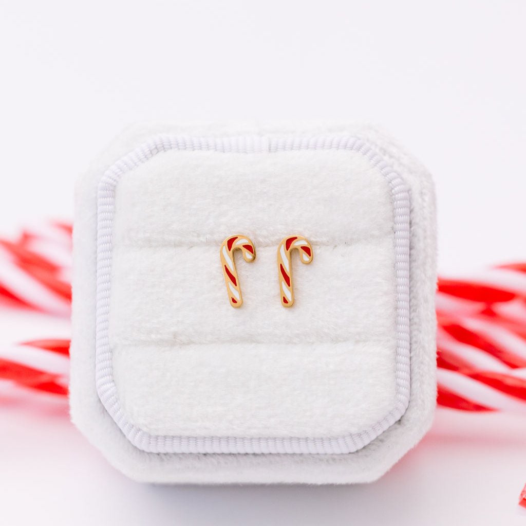 Candy cane stud earrings close-up