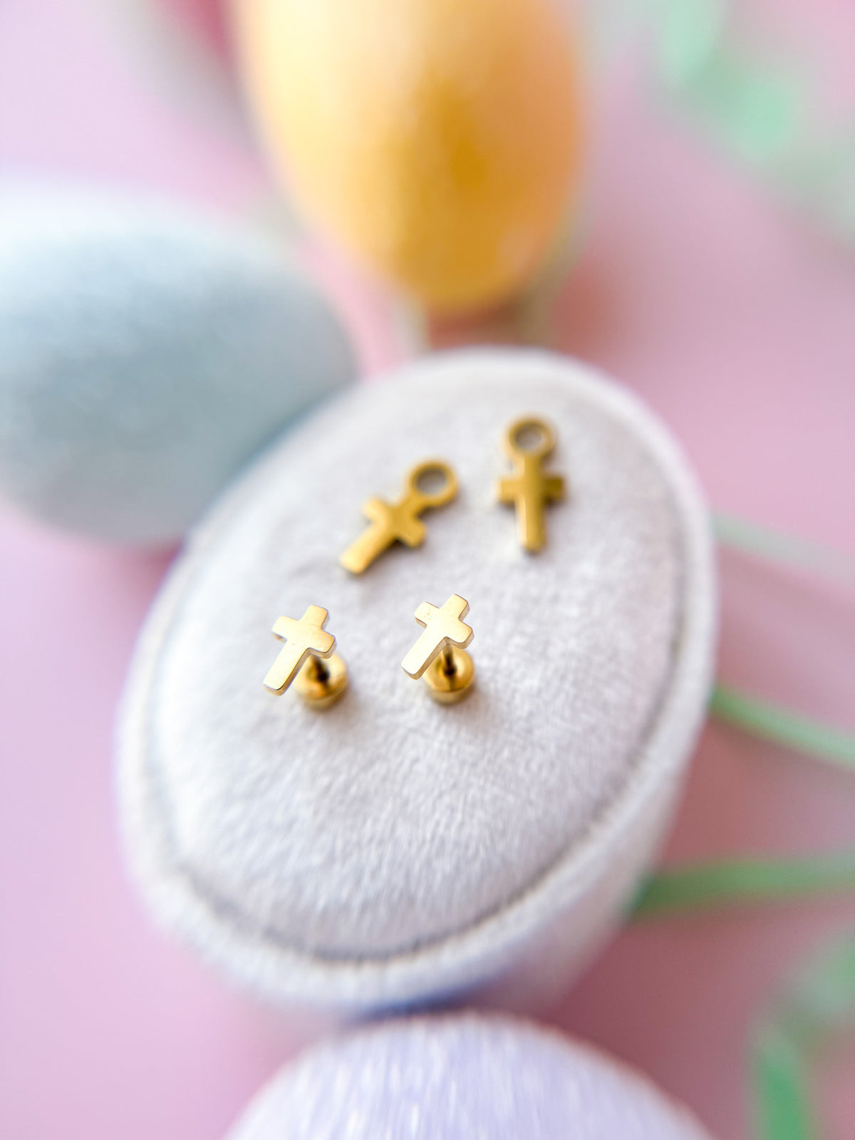 Tiny cross stud earrings and cross huggie charms set