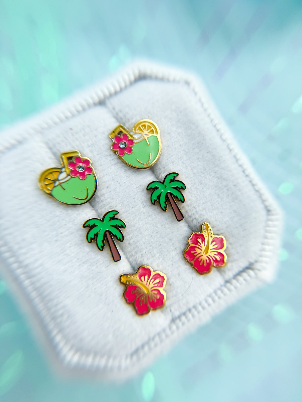 Tropical stud earrings set with palm tree, hibiscus and coco colada studs