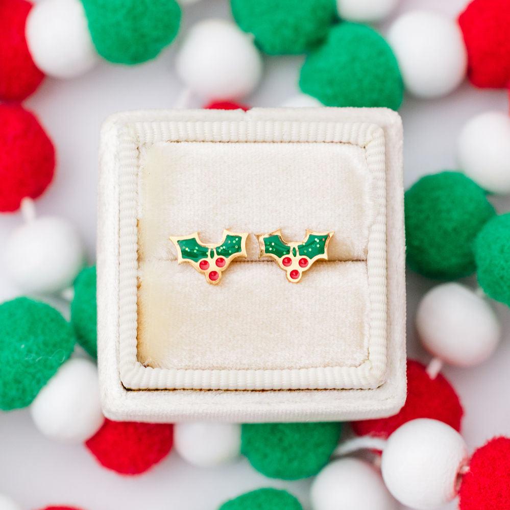 Pair of holiday holly stud earrings