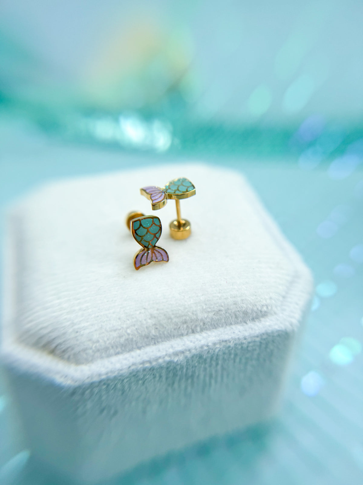 Mermaid tail stud earrings close-up