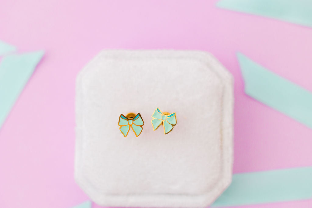 Mint bow stud earrings, alternate view