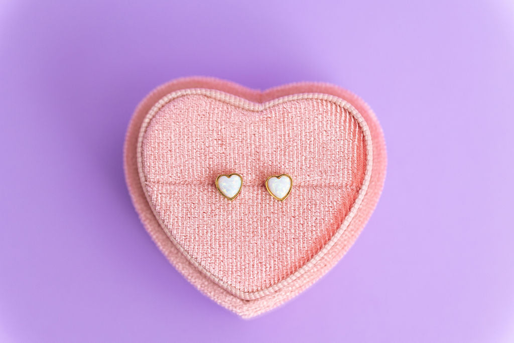 Opalite Heart Stud Earrings on a pink heart shaped jewelry box on a lavender background