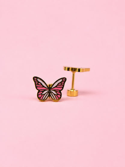 pair of pink enamel butterfly earrings on a light pink background