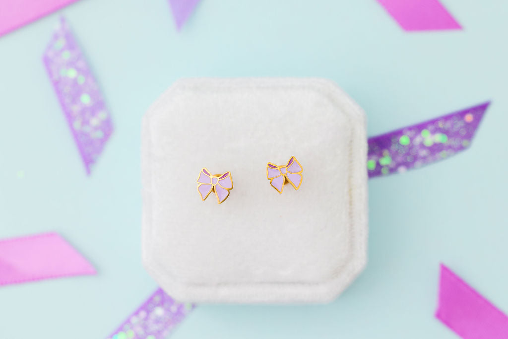 Lavender bow stud earrings, front view