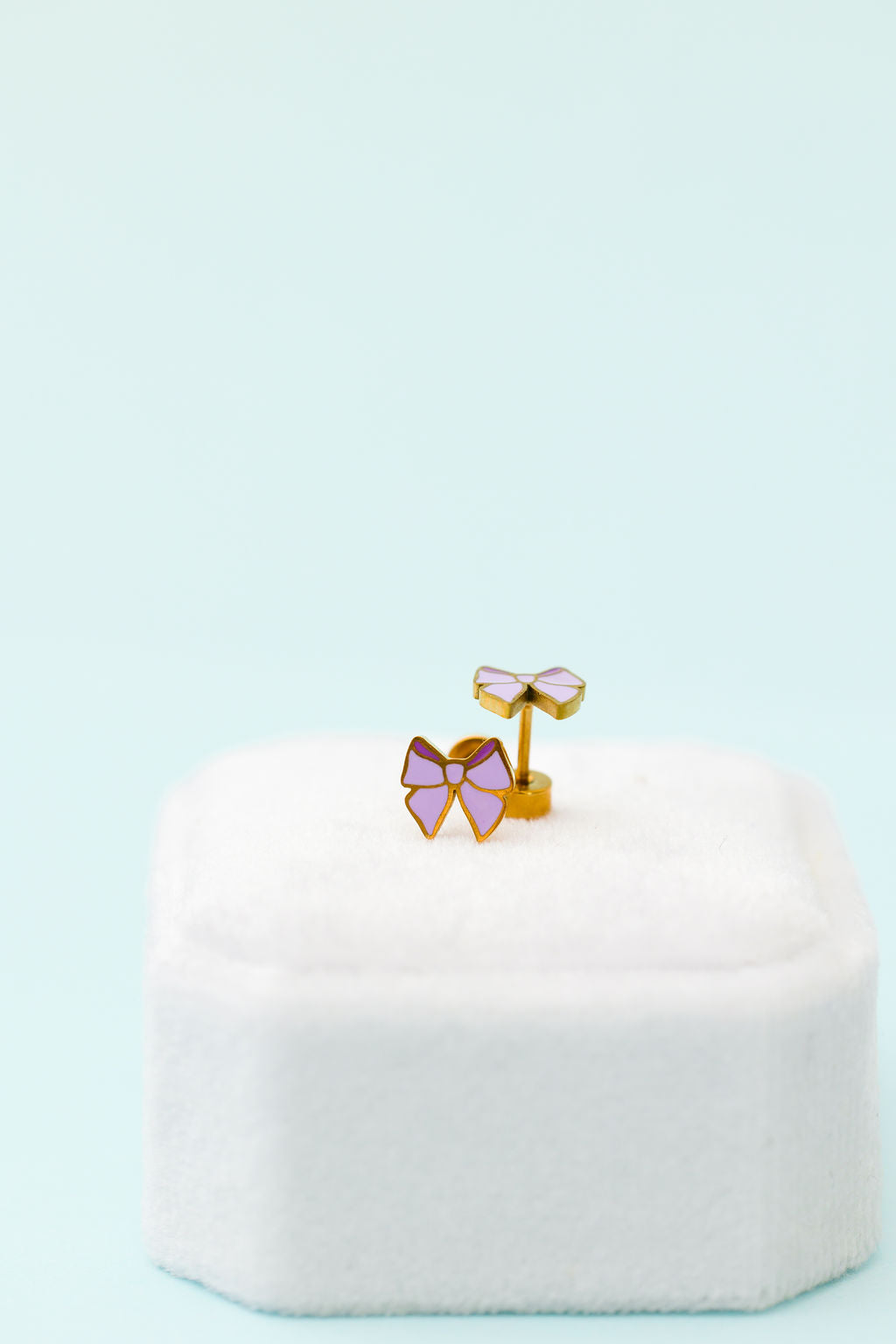 Lavender bow stud earrings, alternate view