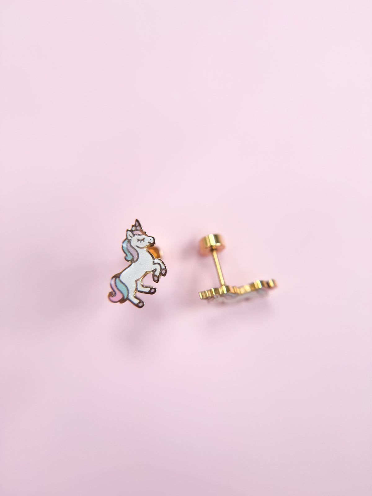 Rainbow unicorn stud earrings, front view