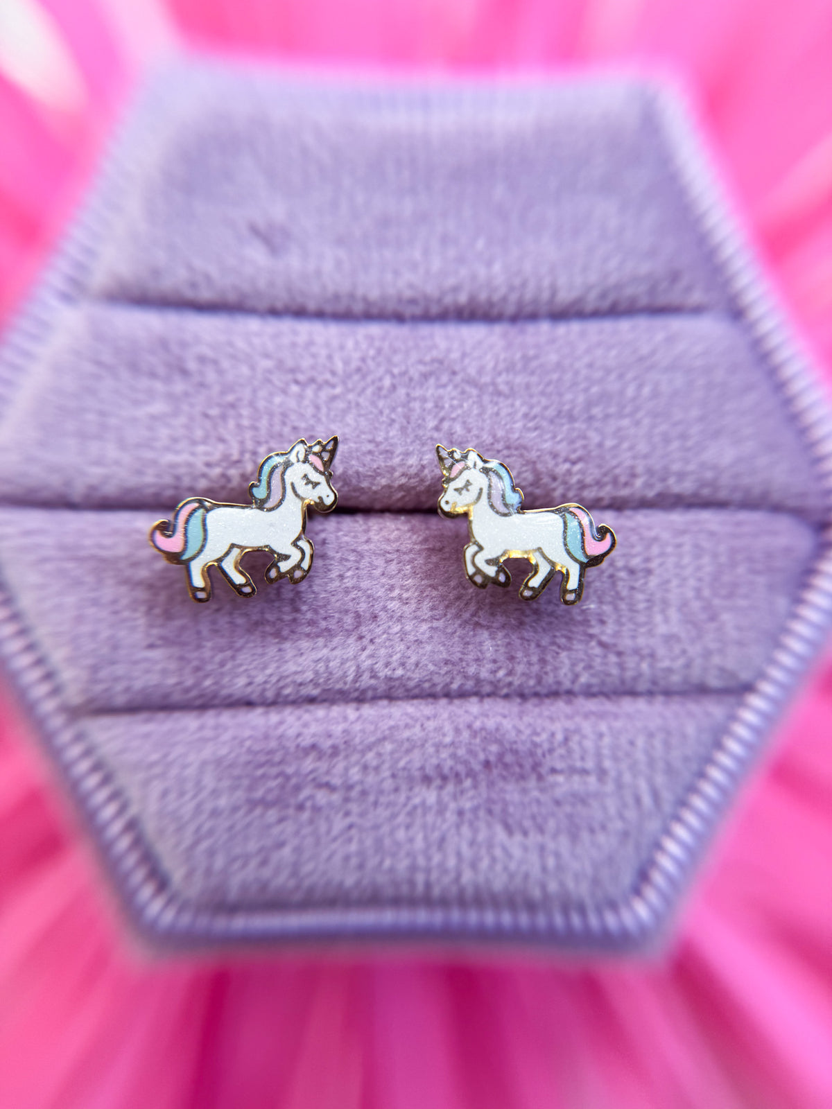 Rainbow unicorn stud earrings, alternate view