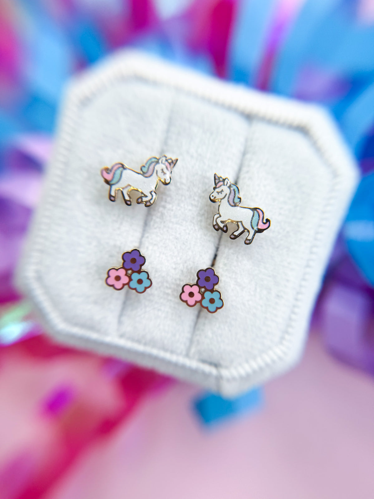 Rainbow unicorn and flower power stud earrings set, alternate view