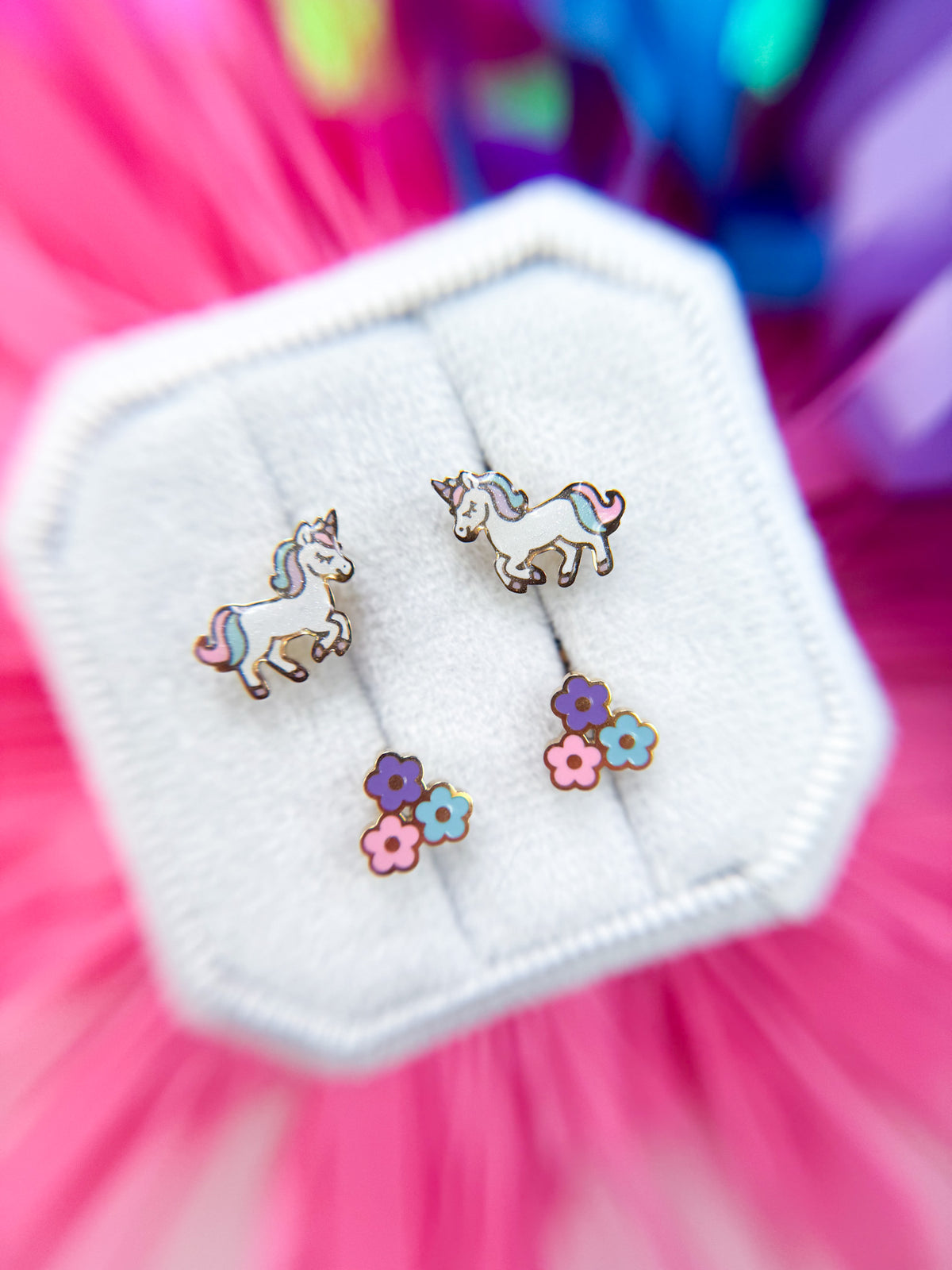 Rainbow unicorn and flower power stud earrings set