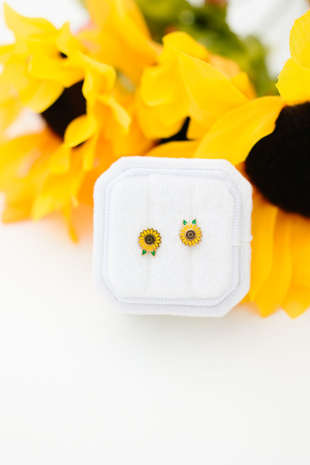 Sunflower stud earrings close-up