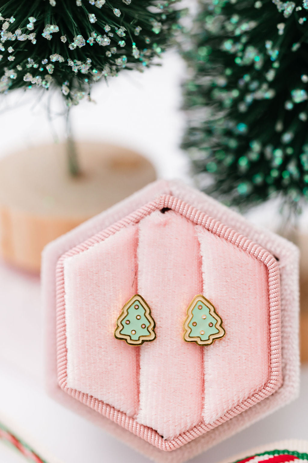Christmas tree sugar cookie stud earrings close-up