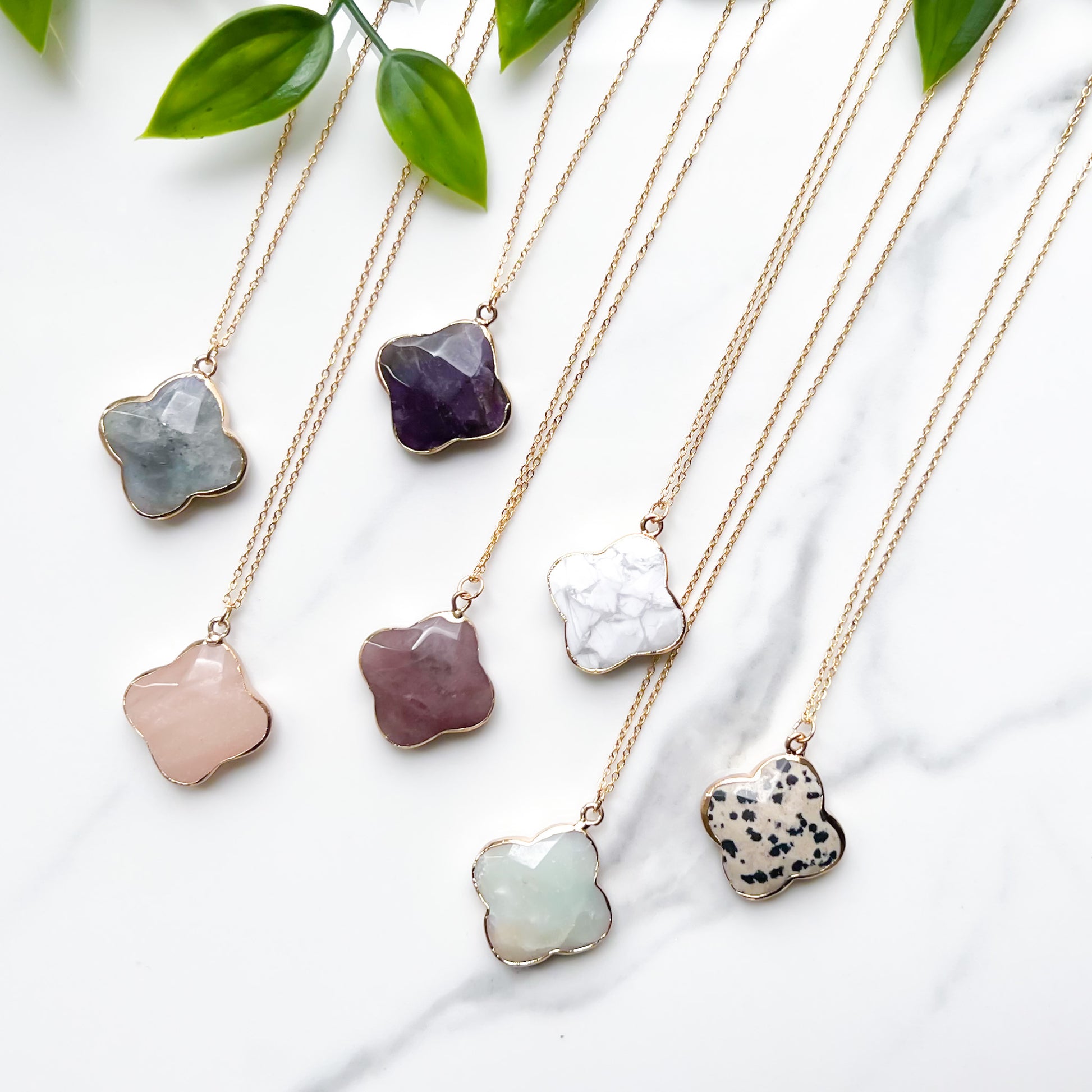 Semi precious healing gemstone clover shaped pendant necklaces