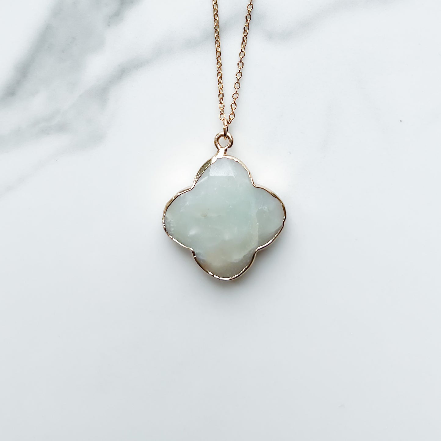 Semi precious healing gemstone clover shaped pendant necklace in amazonite