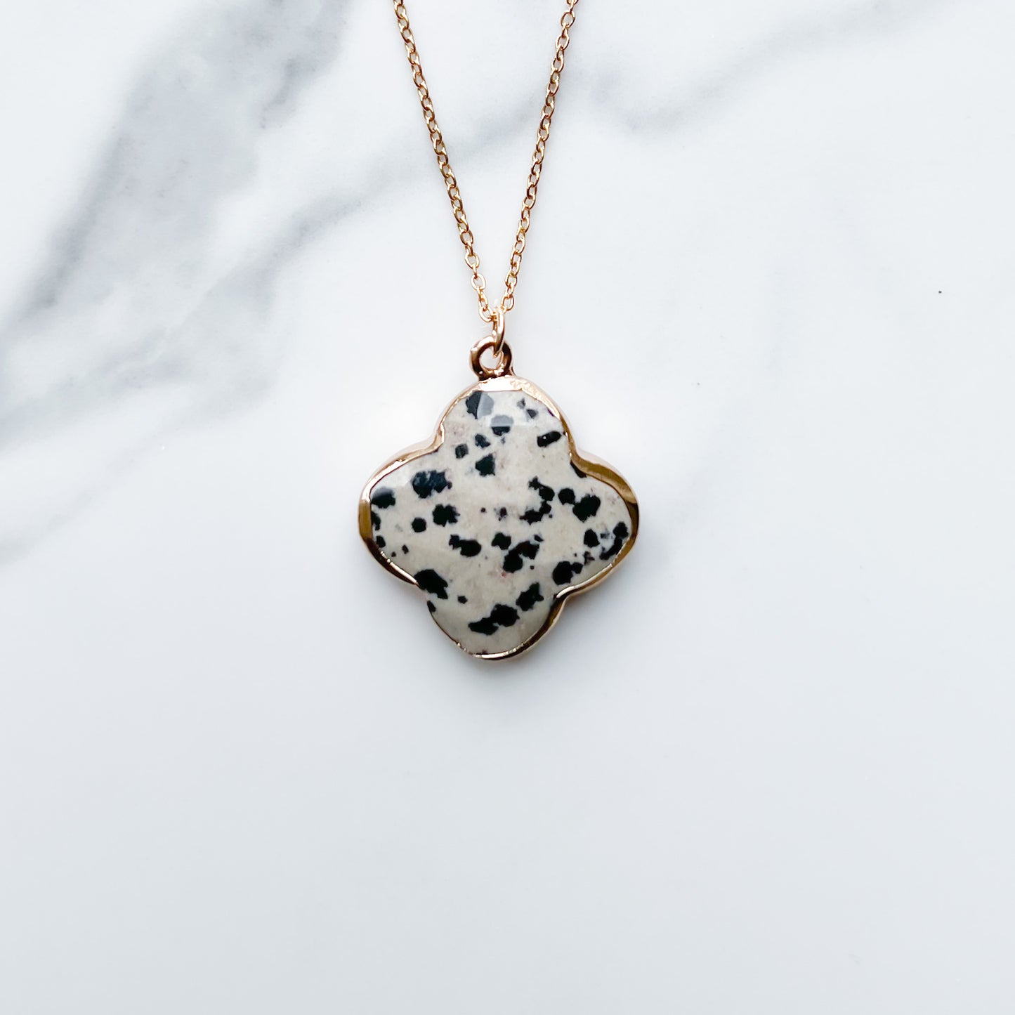 Semi precious healing gemstone clover shaped pendant necklace in dalmation jasper