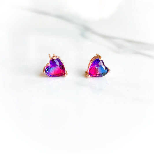 Rainbow fire pink ombre gemstone heart shaped stud earrings