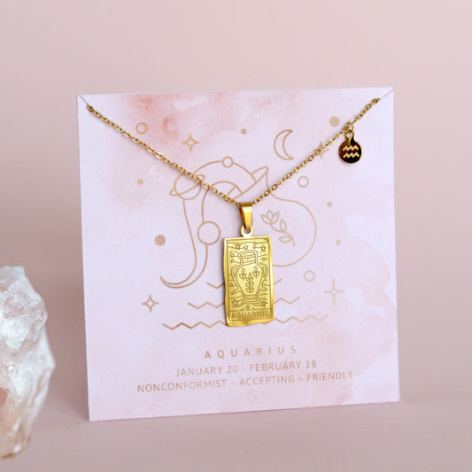 Zodiac Constellation 18K gold plated pendant necklace with sign on custom backer with rose quartz