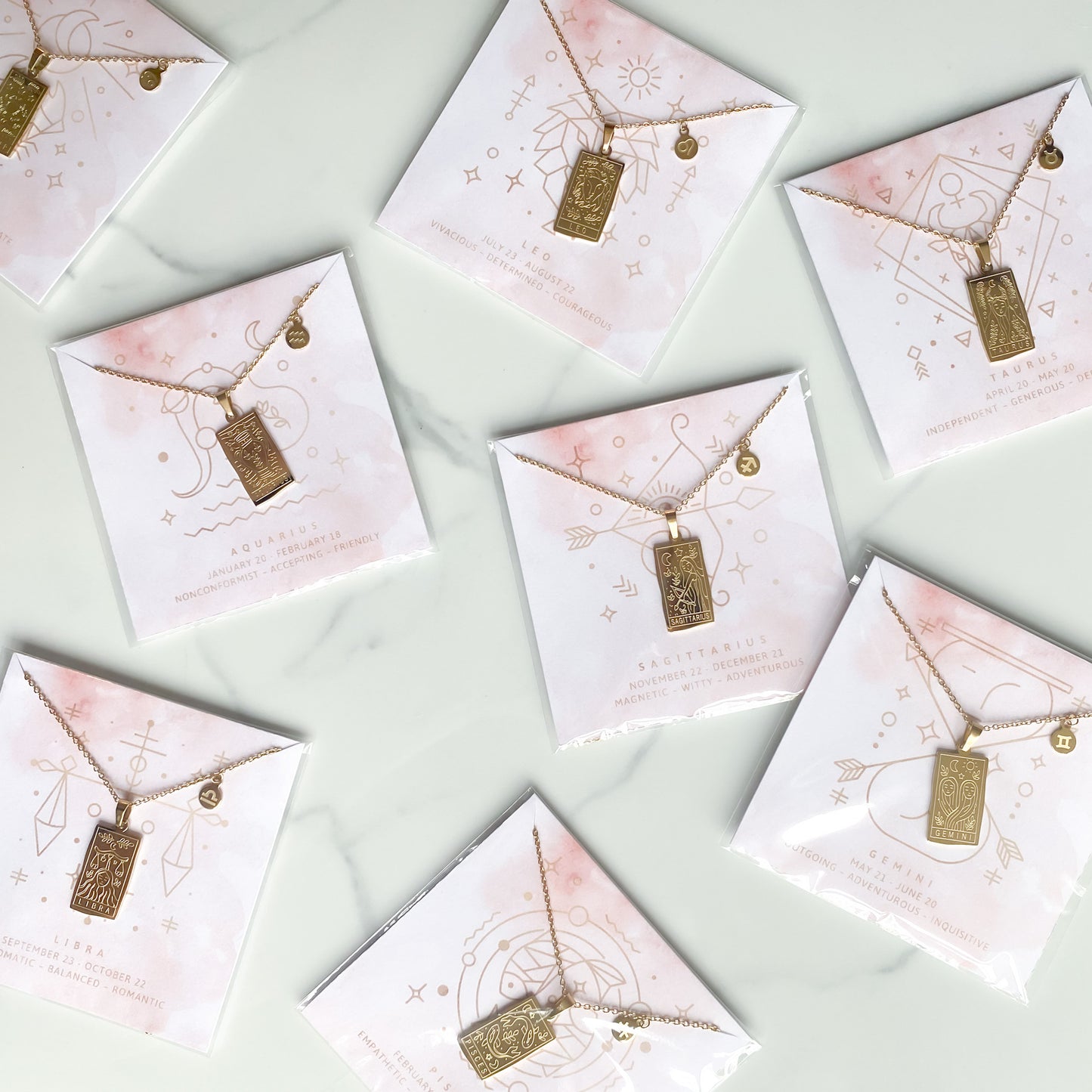 Zodiac Constellation 18K gold plated pendant necklaces packaged with custom card backers